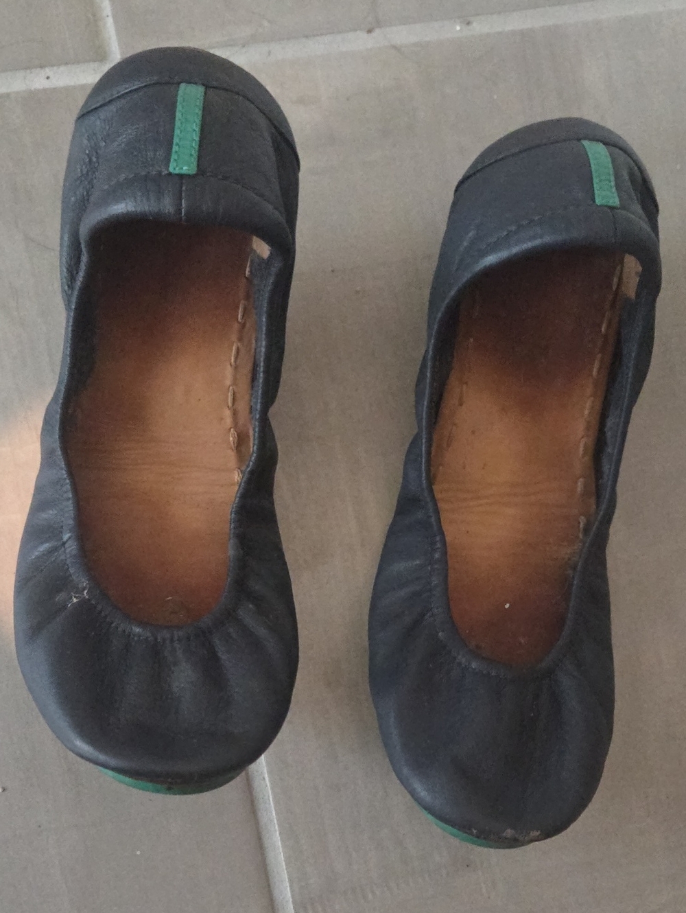 Tieks Black Leather Ballet Flats with Green Accent
